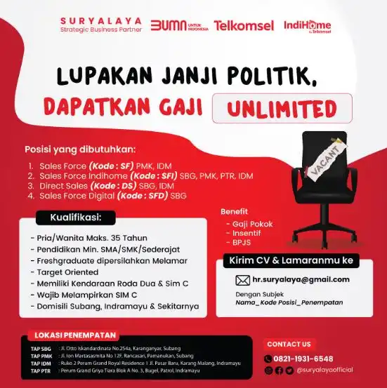 Lowongan Kerja CV Suryalaya Subang (Distributor Telkomsel)